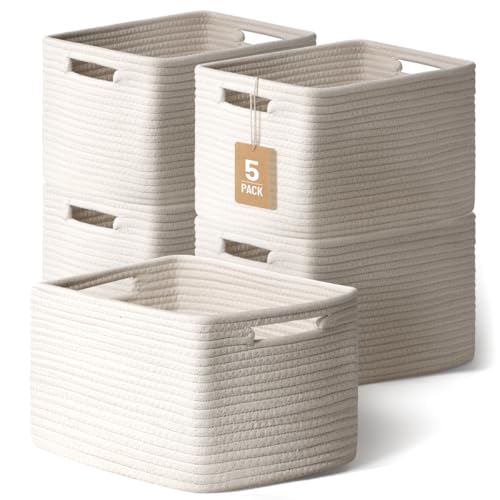 5 Pack White Woven Storage Baskets for Shelves, Decorative Basket Organizer Storage Bins for Toys, Books, Clothes, Closet, Nursery, Bathroom – Cotton Rope Shelf Baskets for Organizing and Decor - color: White