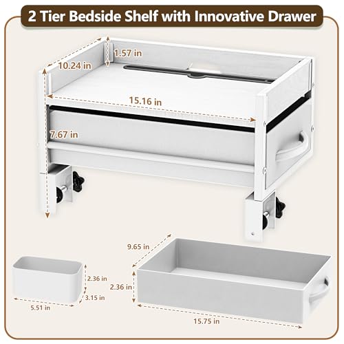 2 Tier Bedside Shelf for Dorm Bunk Bed, Under Mattress Bedside Shelf Clip On Nightstand with Fabric Drawer, Bed Side Table Tray Organizer, Bedside Tray with Cable Management, Back to School (white) - color: White