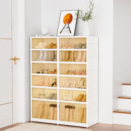 6-Tier Portable Shoe Rack Organizer for Closet, 24 Pairs Shoe Container Bins, Clear Plastic Collapsible Shoes Storage Box, Stackable Sneaker Storage Shoe Cabinet with Door - size: 6 Tiers - 24 Pairs