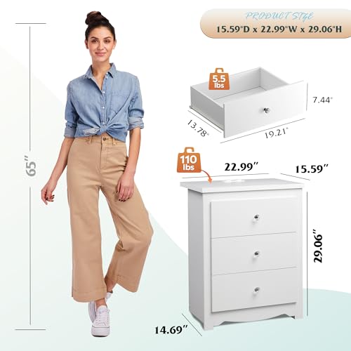 WLIVE White Nightstand with Charging Station, Wood Night Stand with 3 Drawers Storage, Tall Bedside Table End Side Tables with 2 USB Ports and Outlets for Bedroom, Closet, White - color: White