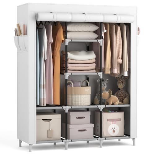 VTRIN Portable Closet Wardrobe for Hanging Clothes with 2 Hanging Rods and 8 Storage Organizer Shelves,Sturdy Large Wardrobe Closet for Bedroom Free Standing Clothes Rack with Cover,White - color: White, size: 3 Row - 49'' Wide
