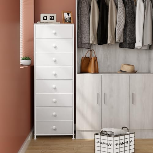 Crestlive Products Tall Dresser, 8-Drawer Fabirc Storage Tower, Chests of Drawers - Vertical Organizer Unit for Bedroom, Hallway, Entryway, Nursery, Closets - Steel Frame, Wood Top & Handles (White) - color: White, style: Narrow-8 Drawers