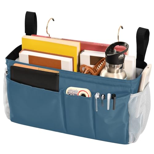 Caribbean Blue Bedside Caddy Storage Bag Bedside Organizer for Bunk Bed Headboards College Bedside Shelf Hanging Organizer 6 Pockets with Hooks for Book Glasses Phone Holder - color: Caribbean Blue