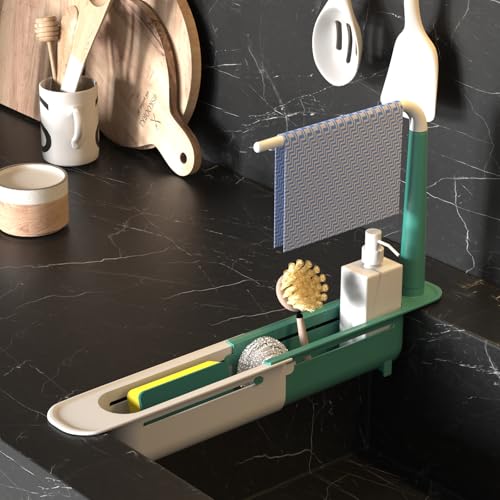 Telescopic Sink Storage Rack Adjustable with 2 Sponge - Sink Caddy Sponge Holder for kitchen sink(Green) - color: Green