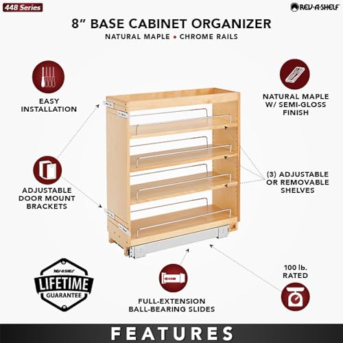 Rev-A-Shelf 8" Pullout Kitchen Cabinet Storage Organizer Slide Out Pantry Spice Rack with Adjustable Shelves for 8.5" W Cabinet Opening, 448-BC-8C - size: 8"W"