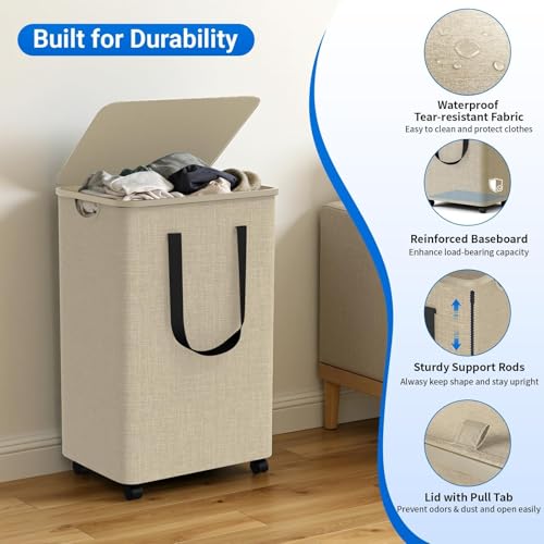 Laundry Basket with 5 Wheels, Tall Dirty Laundry Hamper, Rolling Laundry Basket with Lid, Large 90L Collapsible Clothes Hamper for Laundry Room Bedroom Bathroom Dorm, Khaki - color: khaki, size: 90L