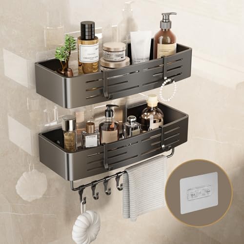 VOLPONE Adhesive Shower Caddy No Drilling Shower Shelves for Inside Shower Heavy Duty Bathroom Organizer Storage Rack with Towel Bar Hooks (2-Pack, Matte Gray) - style: Adhesive strip rectangle with towel bar 2 Tier Gray
