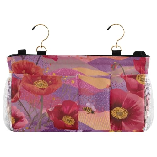 Bedside Caddy Metal Frame Hanging Organizer Bunk Bed Dorm Accessories Hook And Loop Storage Bag Large Pockets Dotty Poppy Flowers and Bees - color: Dotty Poppy Flowers and Bees