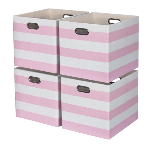 13x15x13 Storage Cube Bins, Foldable Storage Cubes, Fabric Organizer Basket Bin, Striped Containers Decorative Storage Boxes for Shelves Wardrobe Closet Home Office, 4 Pack, Pink/White - color: Pink/White
