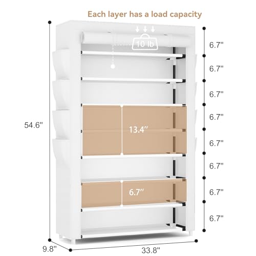 VILICK Shoe Rack with Cover, 8 Tier Tall Shoe Organizer Storage for 36-45 Pair Shoes and Boots Large Shoe Storage Shelf Free Standing Shoe Rack for Closet, Front Door Entrance, Dorm, Garage, White - color: White, size: 33.8"W-8 Tier