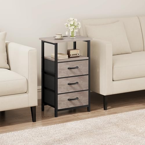 Vagusicc Nightstand with Charging Station, Bedside Table with USB Ports and Outlet, End Table Side Table with 3 Fabric Drawers and Storage Shelf, Bed Side Table Night Stand for Bedroom, Greige - color: Greige, size: 1 Piece, style: Ordinary