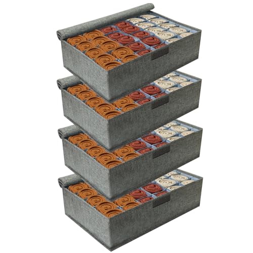 PINGMIC Gray Sock Organizer Divider 4 Pack with Lid - 30 Cell Foldable Closet Storage, Tie Organizer For Men Boxes for Socks, Ties, Belts - color: 4PACK
