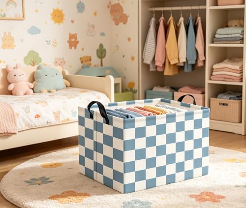 HIYAGON Rectangular Kids Basket Baby Girl Basket Fabric Storage Bin Organizer Box Room Decor(Blue Checkered) - color: Blue Checkered