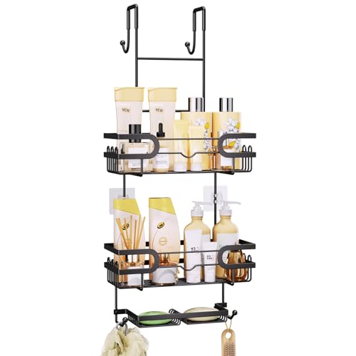 SWTYMIKI Over the Door Shower Caddy Hanging with Double Soap Holder, Hanging Shower Organizer with 16 Hooks, No Drilling Shower Shelves Over Door, Bathroom Rack and Storage, Black - color: Black