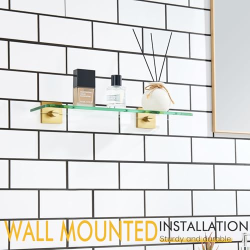 KOKOSIRI Floating Wall Shelf 16-Inch Bathroom Tempered Glass Shelves Shower Rack Kitchen Storage Home Decor, 2 Pack Gold Stainless Steel B1107BG-L16-P2 - color: Brushed Gold, size: 16-Inch(2 Pack)