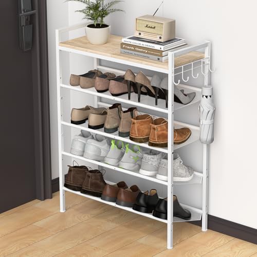 Refrze Shoe Rack for Front Door Entrance, 5 Tier Height-Adjustable Metal Shoe Rack, Sturdy Wooden Top and Tiltable Steel Frame Heavy Duty Shoe Organizer for Bathroom,Bedroom,Kitchen，Include Hook - color: Natural + White, size: 5-Tier (11.8"D x 29.1"Wx 38.
