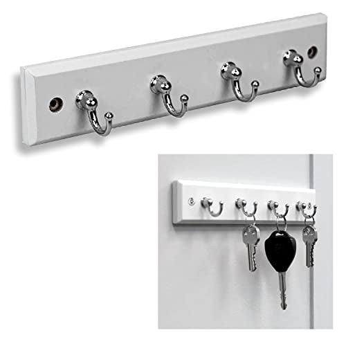 Wall Mounted Key Rack Rail Hanger Key Holder Wall Mount with 4 Hooks Hanging Storage Keys Organizer Home Decor (White)