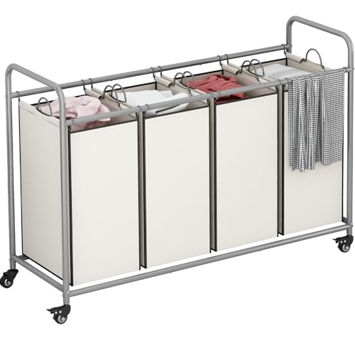 Laundry Sorter 4 Section Hamper Sorter with Heavy Duty Lockable Rolling Wheels Removable Bags Basket Separator for Dirty Clothes Storage, Beige - size: 4 Bags Beige