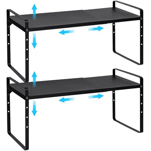 15.5 to 25.5 Inch Expandable Kitchen Cabinet Organizer Shelf, 2 Pack 30 LBS Heavy Duty Adjustable Kitchen Counter Storage Shelves Organizers,Stackable Small Storage Shelf Rack For Cabinet Cupboard - color: Black, size: 2 Pack:15.5"-25.5"Long