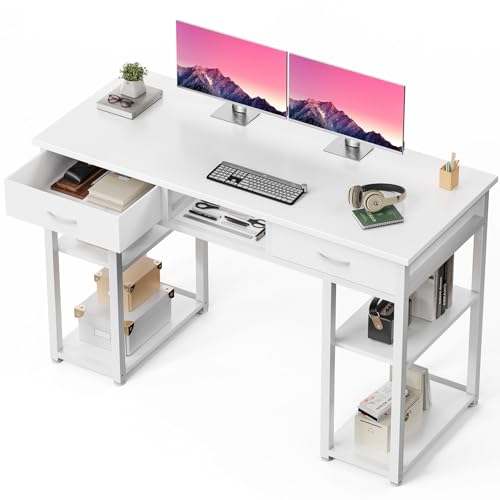 DUMOS 48" Small Computer Home Office Desk for Bedroom with Drawers, Gaming Writing Study Table with Storage Shelf, Adjustable Feet, Metal Frame White - color: White, size: 48-In
