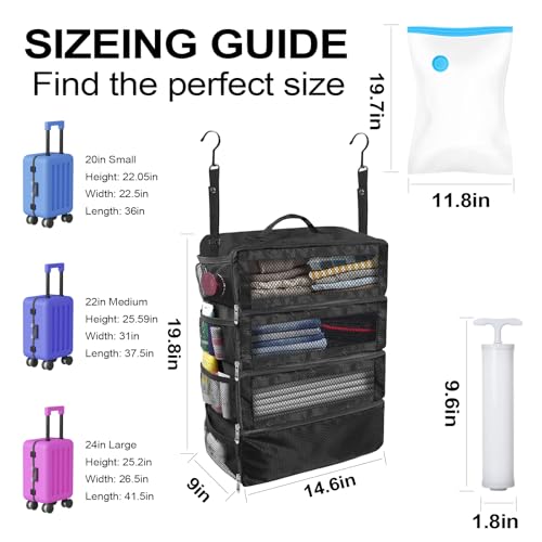 Suitcase Organizer, Travel Luggage Organizer Portable Hanging Travel Shelves Collapsible Hanging Packing Cubes for Carry on Suitcase with 5 Medium Vacuum Storage Bags and Hand Pump,Black