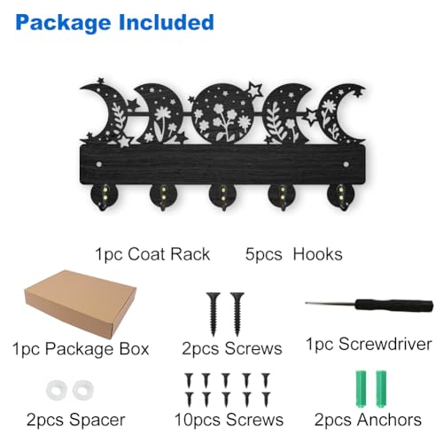 MAYJOYDIY Moon Phase Star Coat Rack Wall Mount Wooden Floral Moon Key Holder for Wall 11.8×5.5inch 5 Alloy Hooks Dreamy Wall Art Decor Black Key Rack Organizer for Gift Entryway Hallway Kitchen Room - color: Moon Phase Star