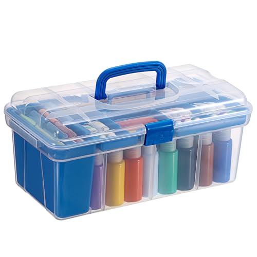 JUXYES Plastic Clear Craft Paint Bottle Storage Box with Divided Tray and Cleaning Cup, Portable Acrylic Paint Storage Organizer Case with Lid, Storage 36 Bottles of 2 fl. oz Acrylic Paints, Blue - color: Blue