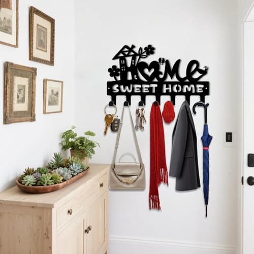 Key Holder Wall Mount, Home Sweet Home Sign, Key Holder Wall for Wall Decorative with 6 Hooks, Organizer Rack Hanger for Entryway, Front Door, Hallway, Office 9.8 inches - color: Home Sweet Home