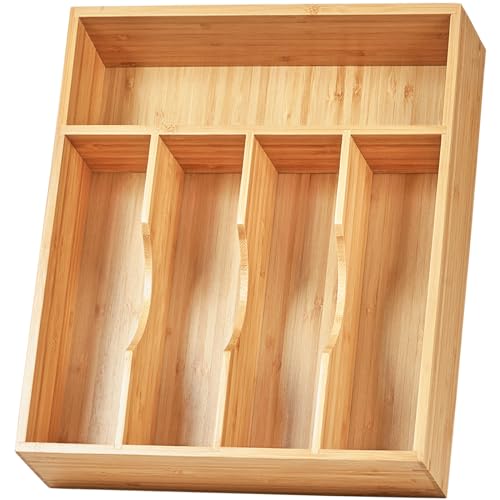 Umilife Bamboo Kitchen Drawer Organizer, 11 Inch Silverware Utensils Tray Holder with Grooved Dividers, 2.4" High Wood Caddy for Flatware Cutlery Knives - size: 11 x 14 inch (5 Slots)