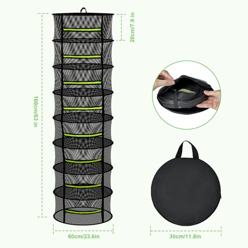 MEKOLIFE Herb Drying Rack Hanging-8 Layer, Collapsible Large Capacity Mesh Net with Green Zipper, Hooks & Bonus Garden Scissors, for Fresh Herbs/Flowers/Plants, Indoor Outdoor Use (23.62") - size: 8 Layers