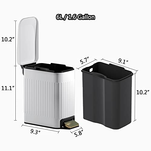 Small Bathroom Trash Can with Lid Soft Close-6L/1.6 Gal Slim Step Garbage Can-Metal Pedal Wastebasket-Narrow Rectangle Garbage Container Bin for Corner Office, Bedroom, Toilet, Live Room-White - color: Embossed-White