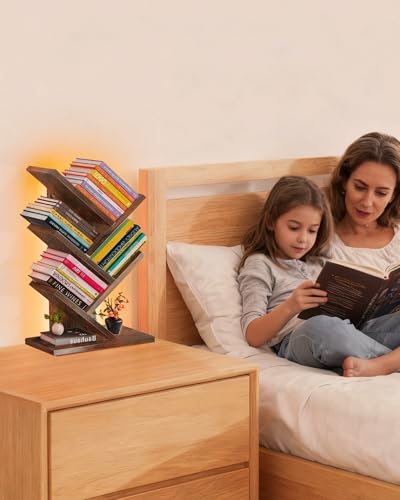 Godferyxin Tree Bookshelf with Liting,Small Bookcase LED and Desktop Book Shelf for Office, Home or School Small Bookshelf for Wood Displaying Books, CDs, Magazines Wood Book Rack-Mini Bookcase - color: 5tier-bookshelf With Liting Vintage