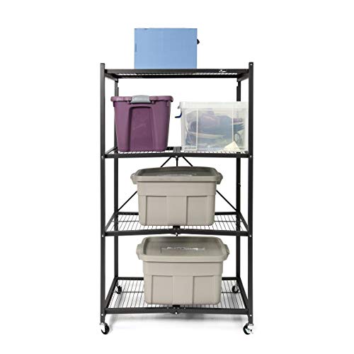 Origami R5 4-Shelf Heavy-Duty Folding Storage Rack, Black – Large Foldable Metal Shelving Unit with Wheels for Garage, Pantry, Basement, Laundry Room or Warehouse - color: Black, size: 1-Pack