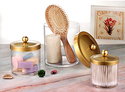 SheeChung 3-Pack Plastic Apothecary Jars with Gold Metal Lids - Large 50oz, 25oz & 15oz Clear Acrylic Storage Set - Shatterproof Modern Luxury Vanity & Home Organizer - Glam Decor - color: Gold, size: 50 oz & 25 oz & 15 oz