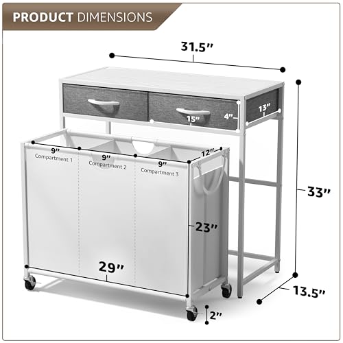 Sorbus 3 Section Laundry Hamper with Shelf and 2 Drawers for Laundry Room Organization, Laundry Basket with Wheels, Rolling Laundry Hamper, Laundry Sorter for Optimal Storage and Organization (White) - color: White