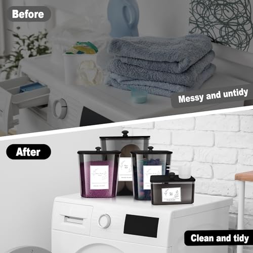 Zingbee 4 Pack Laundry Detergent Containers & Dryer Sheet Holder with Black Lids, Scoops & Labels - Plastic Laundry Organizer and Storage Jars for Pods, Detergent, Scent Booster - color: Clear Grey-2