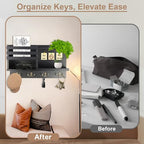Farmhouse Wall Decor Key Holder with Mail Organizer - Solid Wood Wall Mount Key Rack (8 Hooks) | Self-Adhesive/Drill Install | Entryway Shelf for Keys, Sunglasses & Home Organization (BLACK)