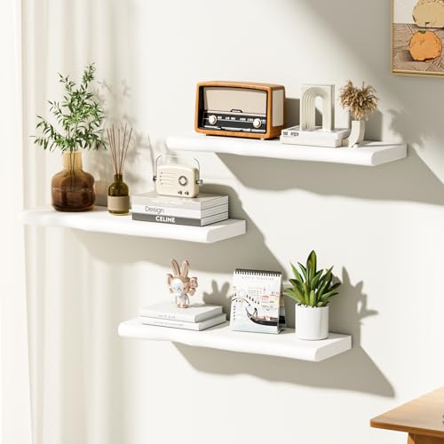 Floating Shelves for Wall Rustic Farmhouse 24 Inch Floating Shelf Bathroom Wooden Shelves for Wall Mounted Live Edge Pine Shelf with Unique Natural Grain for Living Room Bedroom Kitchen (White) - color: White, size: 24 inch - 2pcs
