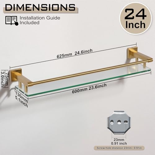 Glass Shelf for Bathroom 24 inch Rectangular Stainless Steel Wall Sheves Tempered Glass Modern Stainless Steel Wall Mount Accessories Organizers Storage (Brushed Gold) - color: Brushed Gold, size: 24'' with Railing