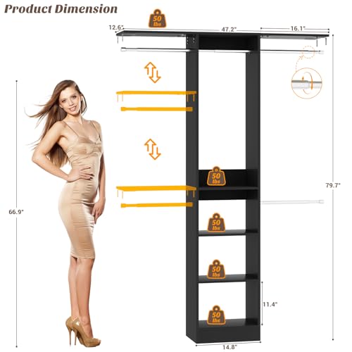 Besiost 48" Closet Organizer System, 4FT Closet System for Small Closets with 4 Hanging Rods & 3 Shelves, 80"H Small Closet Organizers and Storage for Bedrooms, Cloakrooms, Black - color: Black