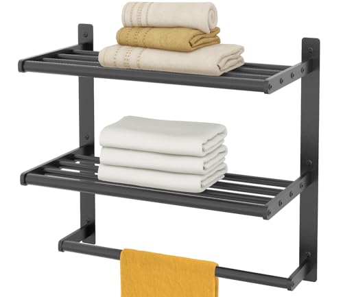 Hotel Towel Racks for Bathroom Wall Mounted, BETHOM Towel Shelf for Bathroom 3-Tier, 16 Inch Matte Black Towel Bar with Shelf - color: Matte Black, size: 16IN (1 Bar)