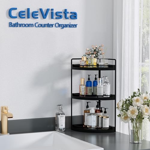 Corner Bathroom Counter Organizer, 3 Tier Bathroom Sink Shelf Countertop, Wood Vanity Skincare Storage for Toiletries Decor, Makeup, Dresser(Black) - color: Black