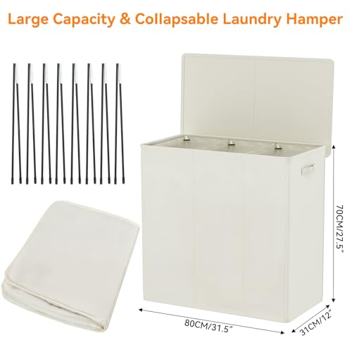 WOWLIVE 180L Laundry Hamper with Lid 3 Section,Large Laundry Basket with Removable Bags and Handles,Collapsible Dirty Clothes Hampers for Laundry,Laundry Basket Organizer for Laundry Room,Dorm,Beige - color: Beige, size: 180L (31.5"L x 12.5"W x 28"H)