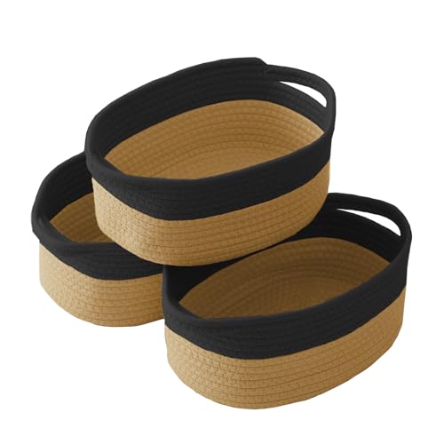 JMvicyroam Woven Basket,Small Rope Storage Bin with Handles & Ribbon Bag, Organizer for Shelves Closets,Gift Basket Empty for Birthday,Books,Dog Toys, Black&Jute/3 Pack - color: Black&Jute, size: 3 Pack