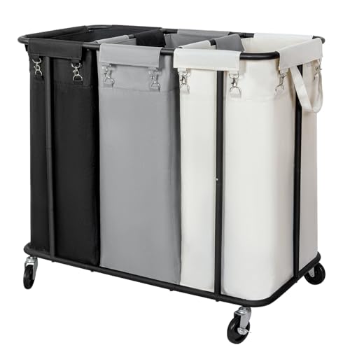 WOWLIVE Laundry Hamper with Wheels 260L Rolling Laundry Basket 3 Section Organizer Laundry Cart with Steel Frame and Removable Bags Large Dirty Clothes Hamper Dorm Room Storage for Bedroom - color: Black + Beige + Grey, size: 260L (35.4×16.1×31.5in)