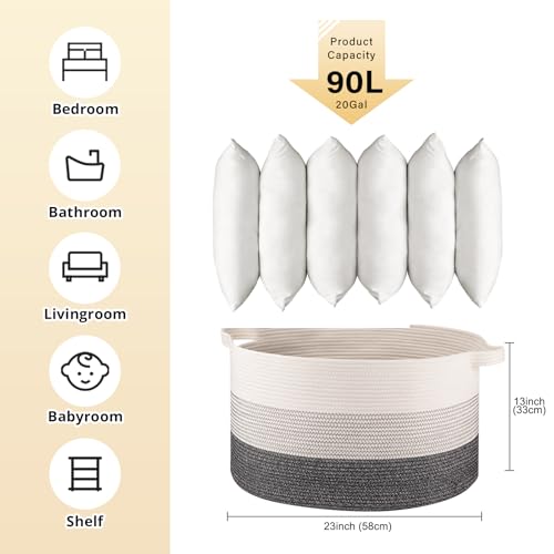 OIAHOMY 90L Blanket Basket for Living Room, Large Basket 23" x 23" x 13" with Handle, Laundry Hamper for Blankets, Pillows, Toy Storage for Kids, Dogs - Black and White - color: Black and White, size: 23" x 23" x 13"