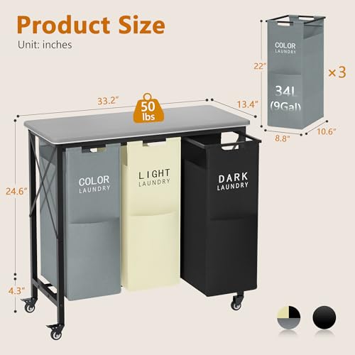 Gewudraw 3 Section Laundry Sorter with Ironing Board, Laundry Hamper with Removable Bags, Heavy-Duty Rolling Laundry Cart with Lockable Wheels for Bathroom Bedroom - color: Gray+Beige＋Black