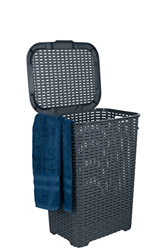 Plastic Laundry Hamper with Lid Laundry Hamper Basket, Grey Tall Cloths Hamper Organizer with Cut-out Handles. Space Saving for Laundry Room Bedroom Bathroom, Wicker Design 60 Liter - color: Grey, size: 1-pack