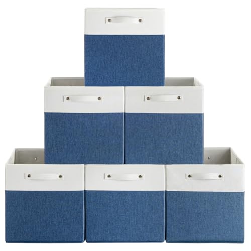 FinishingBo 13 x 13 Inch Fine Linen Storage Bins with Handles，Fabric Cube Boxs，Basket Organizers for Shelves for Home, Closet Drawers (White/Blue-6 Pack) - color: White/Blue-6 Pack
