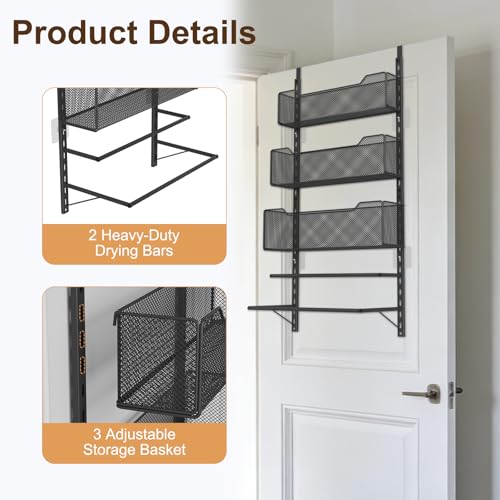 VyGrow Over the Door Storage Organizer with 3 Tier Mesh Baskets 2 Hanging Rods, 2 Mounting Options, Heavy Duty Clothes Hanger & Towel Rack for Bathroom Bedroom Office, Black - color: Black